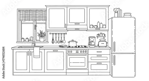 Detailed line drawing of a modern kitchen interior with appliances, cabinets, and a window.
