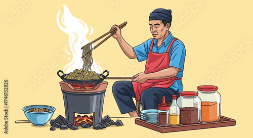 Illustrated man cooking food over a charcoal stove, using tongs, with jars and a bowl nearby.
