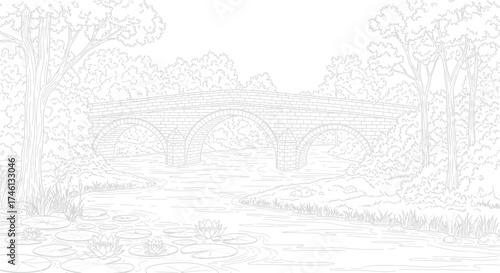 A detailed line drawing depicts a stone bridge spanning a flowing river, surrounded by trees.