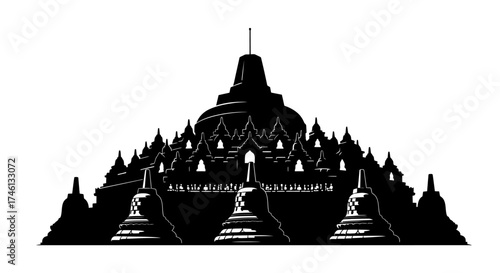 Silhouette illustration of Borobudur Temple, showcasing its tiered structure and intricate architectural details.