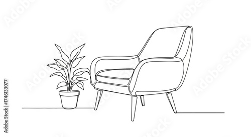 Simple line drawing of a modern armchair and potted houseplant.