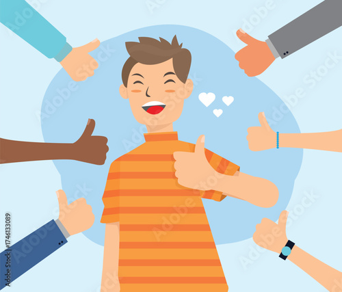 Cheerful young boy surrounded by hands demonstrating thumbs up gesture. Concept of public approval, positive opinion. Flat cartoon vector illustration
