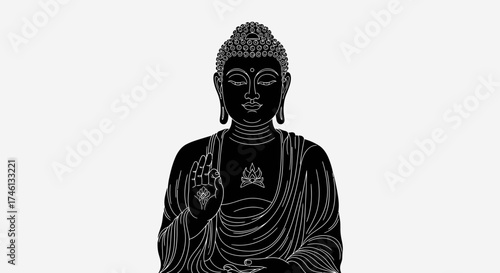 A black and white illustration of a seated Buddha figure, radiating peace.