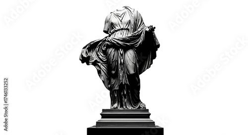 Headless statue of a woman in flowing robes standing on a pedestal, depicted in black and white.