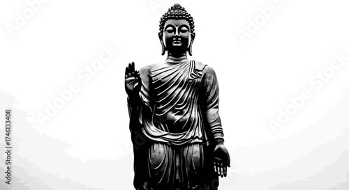 A serene statue of Buddha, depicted in a standing pose, against a bright white background.