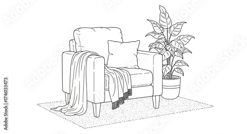 Line art illustration of an armchair with a blanket and pillow, next to a potted plant on a rug.