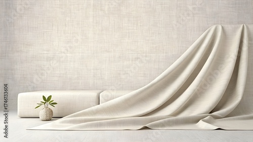 Beige Fabric Drapes and Minimalist Sofa with Plant