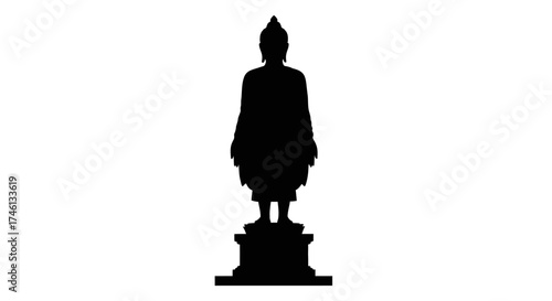 Silhouette of a serene Buddha statue standing on a pedestal, isolated against white background.