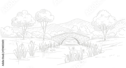 A detailed sketch depicting a stone bridge spanning a flowing stream, with trees and hills.