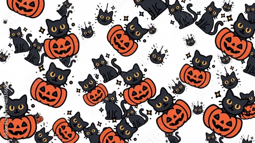 Playful doodle cats in silhouette align in halloween repetition for motion backgrounds, seamless wallpapers, spooky decor visuals, creative texture art, and modern animation design