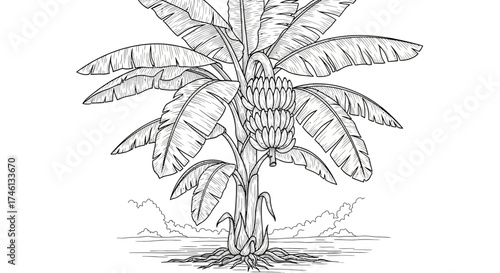 Detailed black and white illustration of a banana tree, showing fruit and foliage, with roots.
