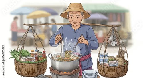 A street vendor prepares food in a market setting, showcasing culinary practices.