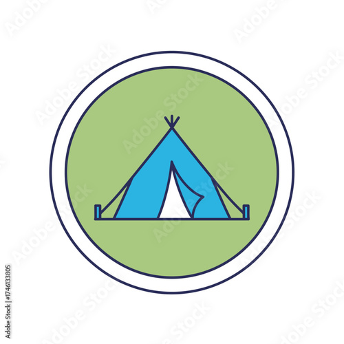 Vibrant blue camping tent line art illustration enclosed in a circular green badge, perfect for symbolizing outdoor adventures, nature exploration, travel, and leisure activities