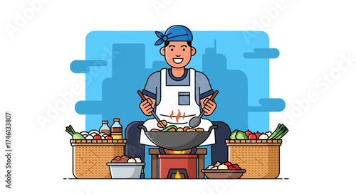 A smiling chef prepares food in a wok, surrounded by ingredients and a city backdrop.