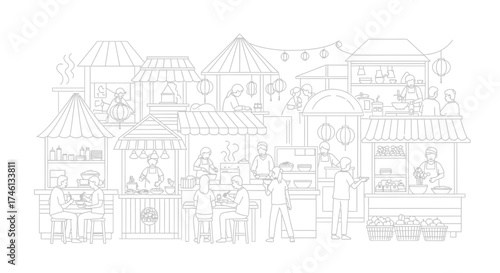 Detailed line drawing of a bustling outdoor market scene, showcasing vendors and customers.