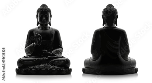 Two views of a dark Buddha statue in a meditative pose against a stark white background.