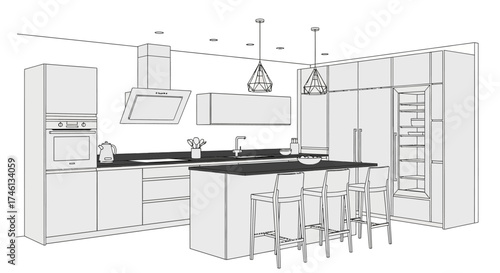 A modern kitchen design with an island, cabinets, and appliances, outlined in grayscale.
