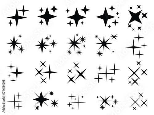 Shimmering Sparkle Star Icons Collection – Minimal Black & Bright Glitter Vector Set
