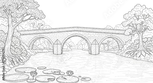 A detailed illustration of a stone bridge spanning a calm river, surrounded by trees and foliage.