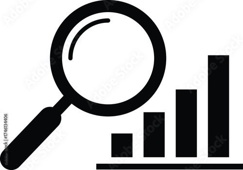 Black magnifying glass over rising bar graph icon on white background rising graph data analysis