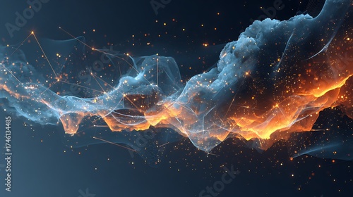 Abstract technological background with glowing orange and blue fluid waves, connected particles, and digital data lines, representing a futuristic network or energy flow.