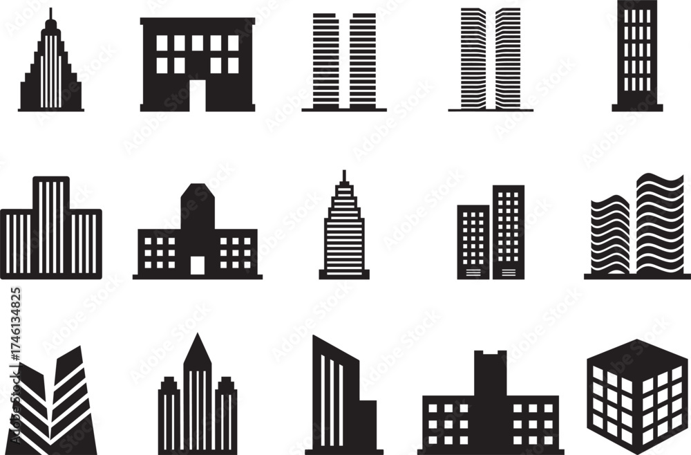 Obraz premium Modern building icon set bundle skyscraper urban architecture silhouettes Silhouette Vector and illustration 