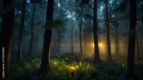 Swarm of fireflies glowing in misty twilight forest