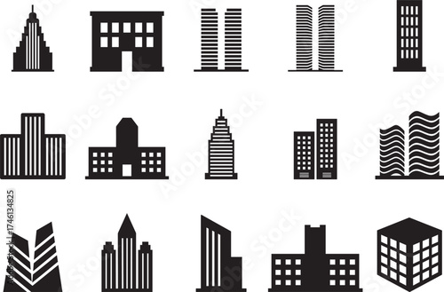 Modern building icon set bundle skyscraper urban architecture silhouettes Silhouette Vector and illustration
