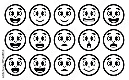 Collection of 15 hand-drawn emotive faces with expressive eyes and mouths