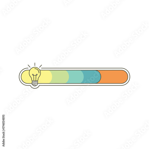 Conceptual progress bar illustration with an illuminated lightbulb, representing the beginning of a new idea, creative thought process, and incremental development stages towards successful innovation