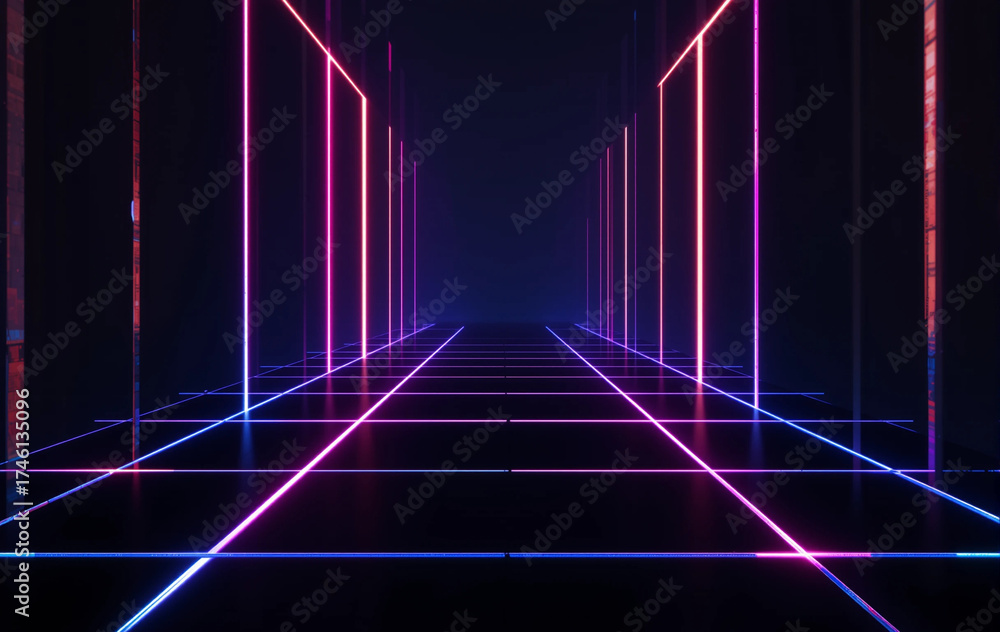Fototapeta premium Neon and light background image, perspective view, interior, lighting, line, banner texture advertising poster