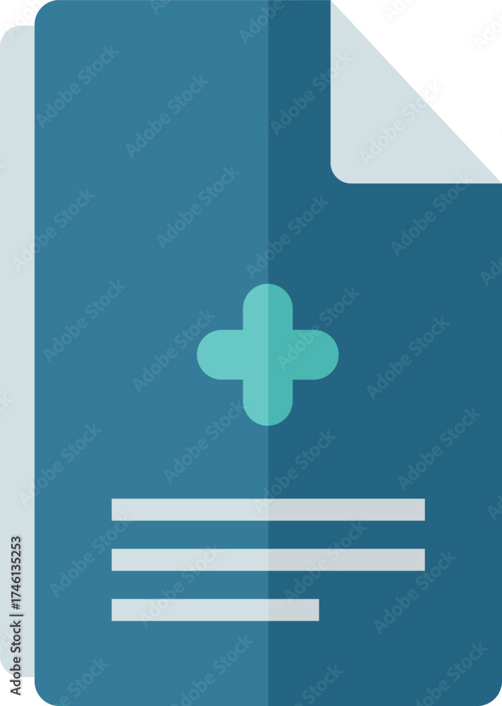 Fototapeta premium Teal document icon with plus symbol and text lines medical health