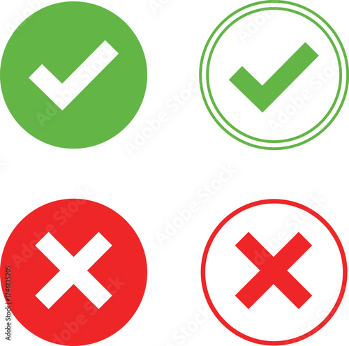 Green checkmark and red cross symbols in circles on white background check mark cross mark