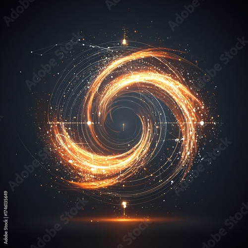 Abstract glowing spiral light trails and particles representing digital data, energy, and technology on a dark background.