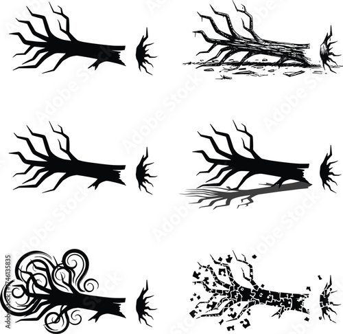 Stylized tree branch silhouette set, broken roots, ornate swirls, shadow effects, exploding fragments, conceptual nature design, vector illustration pack, minimal abstract forest elements