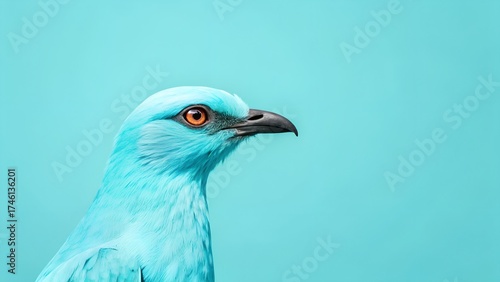 Turquoise Bird with Orange Eye on Teal Background Keywords: bird, avian, turquoise, teal, blue