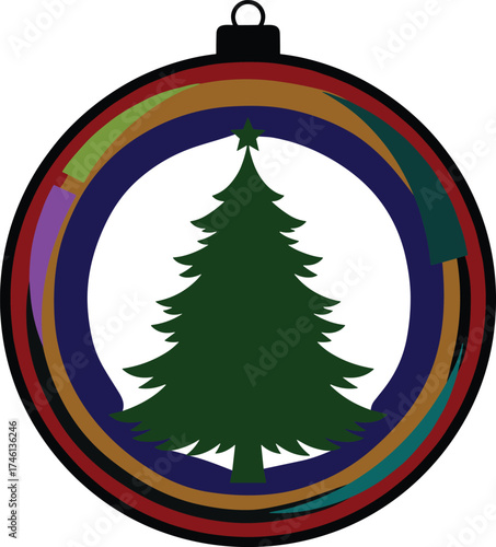 Christmas ornament with tree silhouette and colorful curved bands, festive holiday vector design, seasonal decoration icon, black outline, vibrant celebration illustration pack