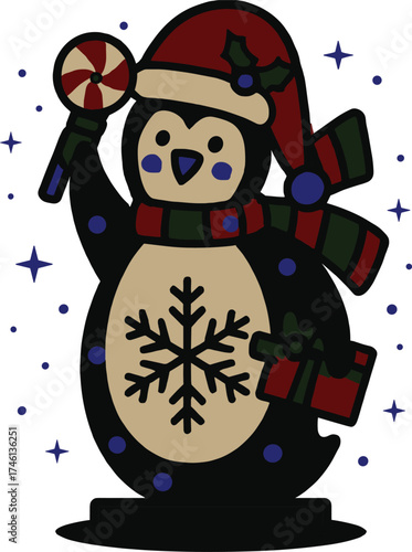 Holiday cartoon penguin with Santa hat, scarf, gift, and lollipop, festive Christmas vector illustration, cheerful seasonal character design, winter celebration artwork pack