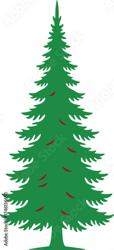 Green pine tree with red ornaments, stylized holiday vector illustration, Christmas nature symbol, seasonal decoration icon, minimalist evergreen design, festive winter artwork pack