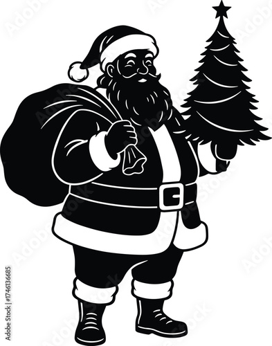 Christmas tree and gift sack, festive holiday vector, seasonal character illustration, black and white design, joyful celebration concept art