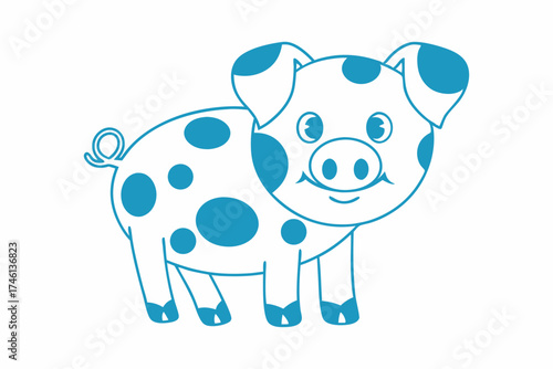 A blue outlined spotted pig with a cheerful expression stands sweetly and calmly
