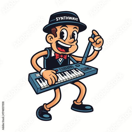 An animated cartoon character joyfully plays a keyboard while wearing a black vest and hat with generic text displayed on the hat, set against a clean white backdrop