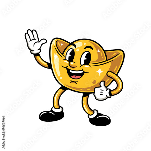 A cheerful gold ingot cartoon mascot with a welcoming gesture and sparkling highlights, isolated on a white background. Its a vintage-style vector illustration featuring black shoes and white gloves