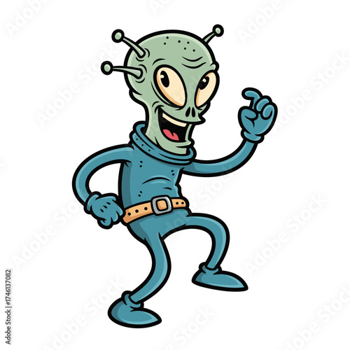 Cartoon style image of a green skinned alien mascot wearing a blue suit, standing on a white background with a friendly expression. The character design is vintage and playful