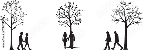 Minimal black silhouette of couples walking and standing under trees, romantic vector illustration on white background symbolizing love, relationships, nature, and changing seasons in artistic style