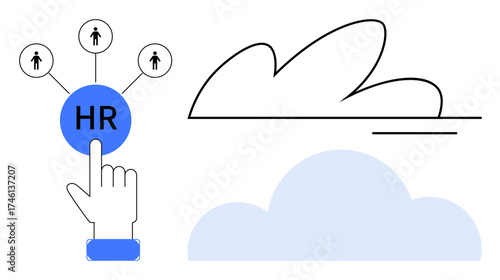 Hand interacts with HR button linked to employee icons, cloud graphics represent digital HR processes. Ideal for workforce management, recruitment, cloud computing, digital tools, HR systems