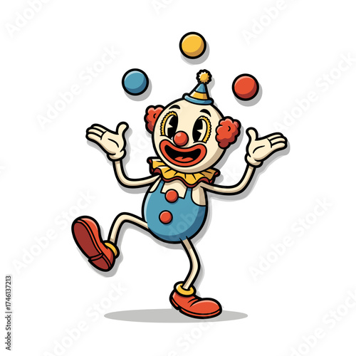 A vintage cartoon clown mascot is juggling colorful balls. The clown is wearing traditional makeup and attire. The illustration is isolated on a white background in a classic animation style