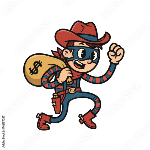 Cartoon illustration of a cowboy thief running with a sack of money. He is wearing a mask and hat in a vintage style. Isolated on white background