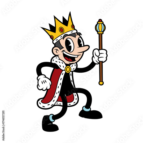 A vintage style cartoon of a king mascot with golden crown and red cape, joyfully holds a scepter. The character's classic animation style makes it suitable for any vector design