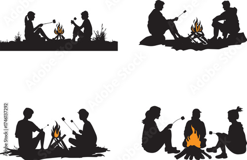 Black silhouette illustration of people sitting around a campfire roasting marshmallows, minimalist outdoor camping scene on white background symbolizing friendship, warmth, nature, and adventure